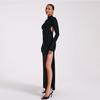 Elegant Slim Fit Long Sleeve Sexy Backless Dress Women Summer Slit Casual High Waist Black Long Dresses Women Fashion Stand Collar Party Dress 26443
