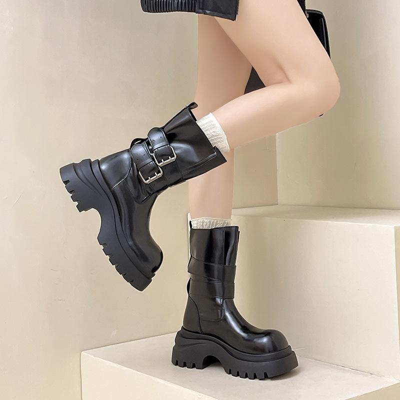 Autumn and winter fashion versatile leather boots British style thick-soled Martin boots women's belt buckle European and American style fashion bo