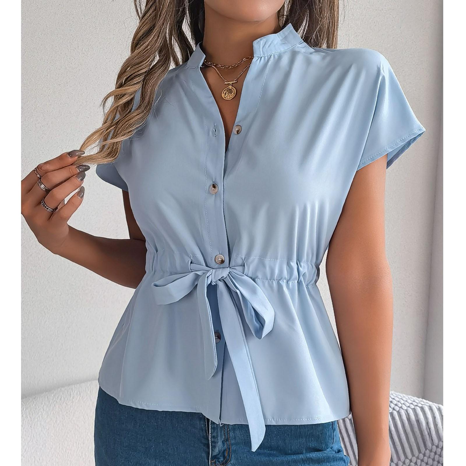 

Женская свободная повседневная однотонная рубашка с короткими рукавами и завязками на пуговицах XL синий