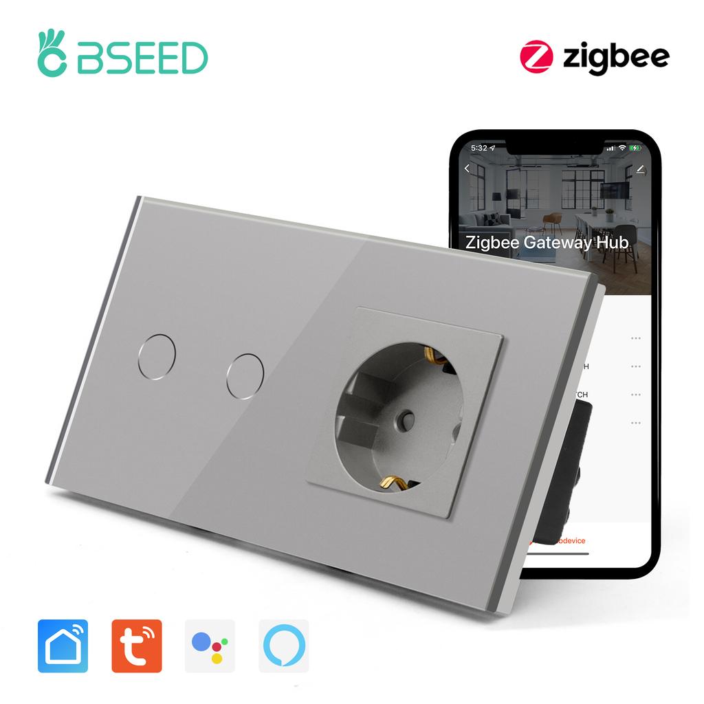 Bseed New Zigbee Single Live 1/2/3 Gang Touch Switch EU Standard With Normal Socket 4 Color Crystal Glass Panel Smart Home