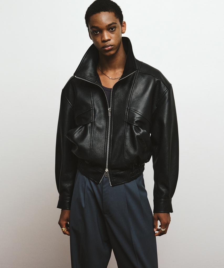Noirer Goat Skin High-Neck Zip-Up Jacket (Black)