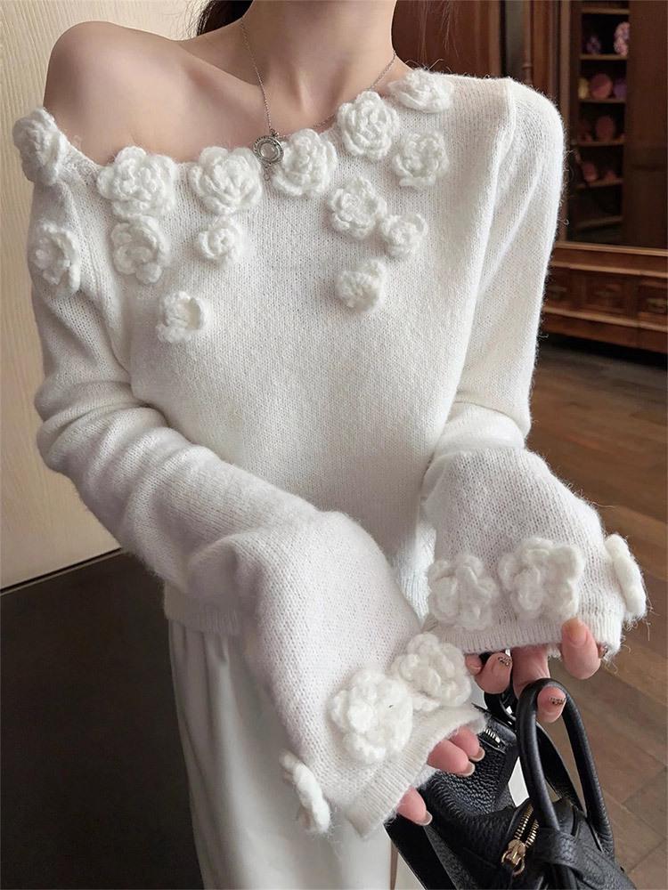 Petite Women's Retro Style Long Sleeve White Knit Sweater