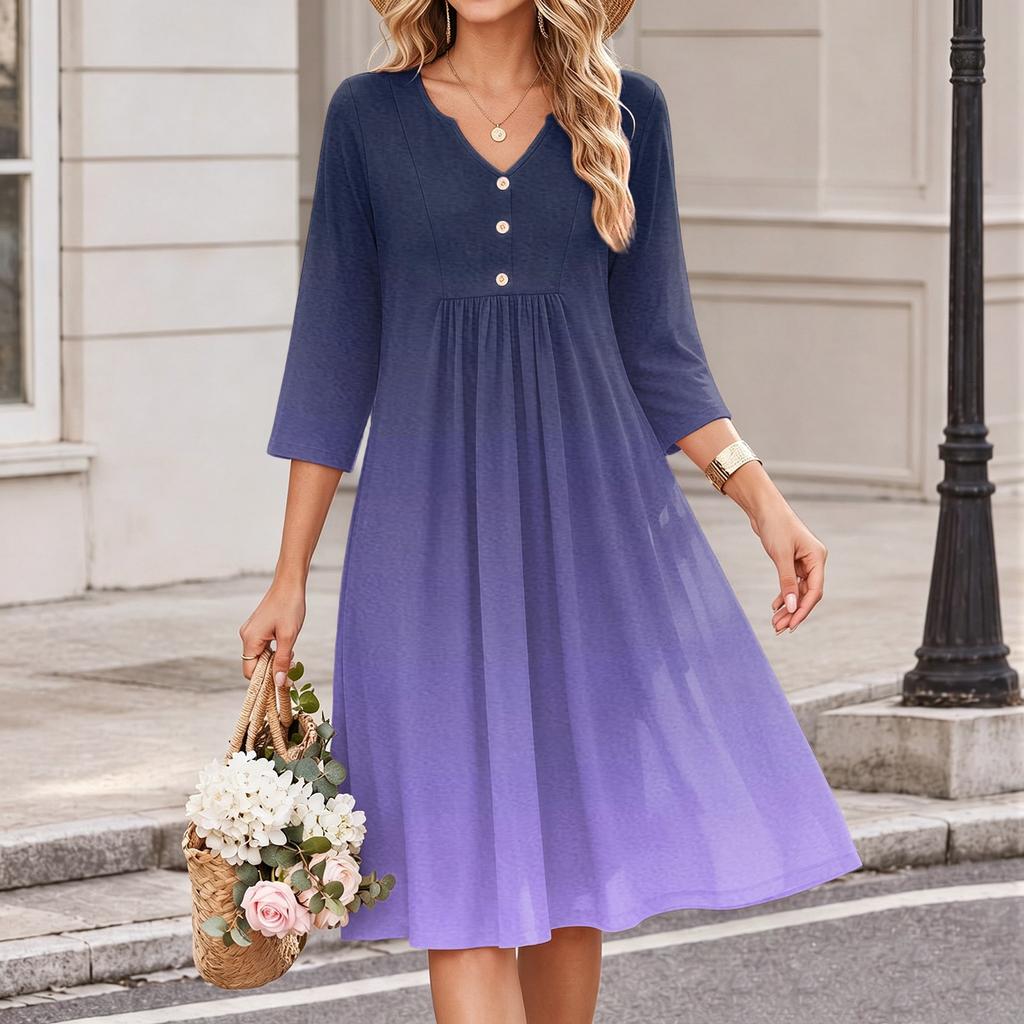 Women's V-Neck Three-Quarter Sleeve Gradient Print Casual Dress for Daily Wear