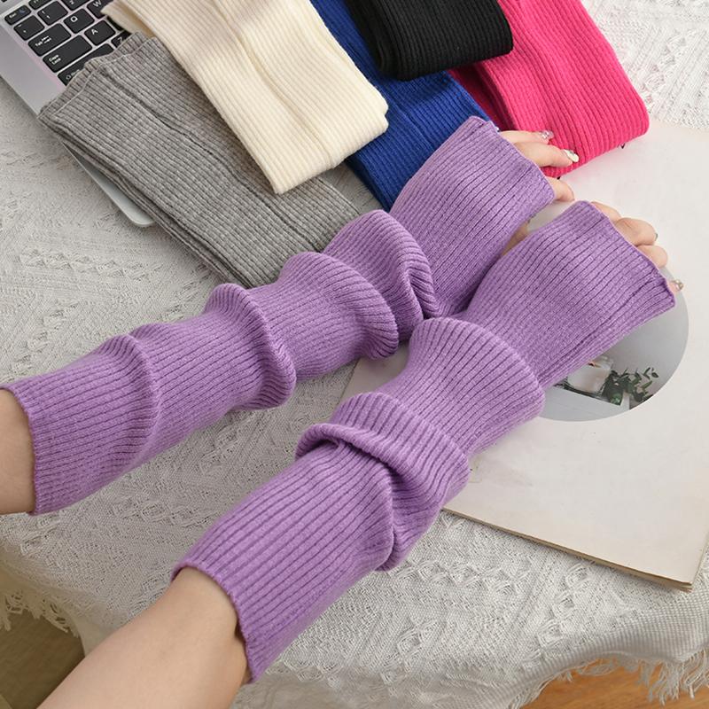 Women Chic Autumn/Winter Accessory Stylish Solid Color Knit Arm Warmers Long Fingerless