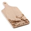 A Wooden Cutting Board with an Engraved Deer Against a Forest Backdrop.