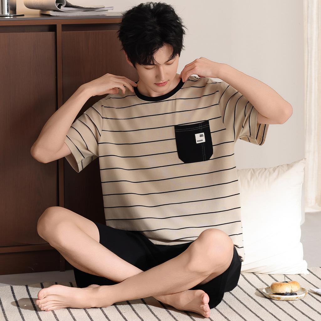Pajamas Men's Summer Cotton Thin Short Sleeve Shorts Set Young Men's Casual Outer Wear Large Size Cotton Loungewear