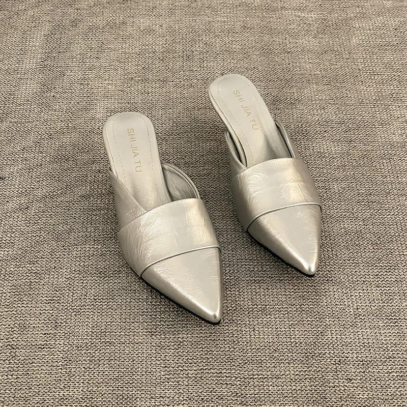 Simple Pointed Head High Heel Bag Head Half Slippers Women's Summer Fashion Versatile Casual Wear Solid Color Thin Heel Cool Slippers Tide
