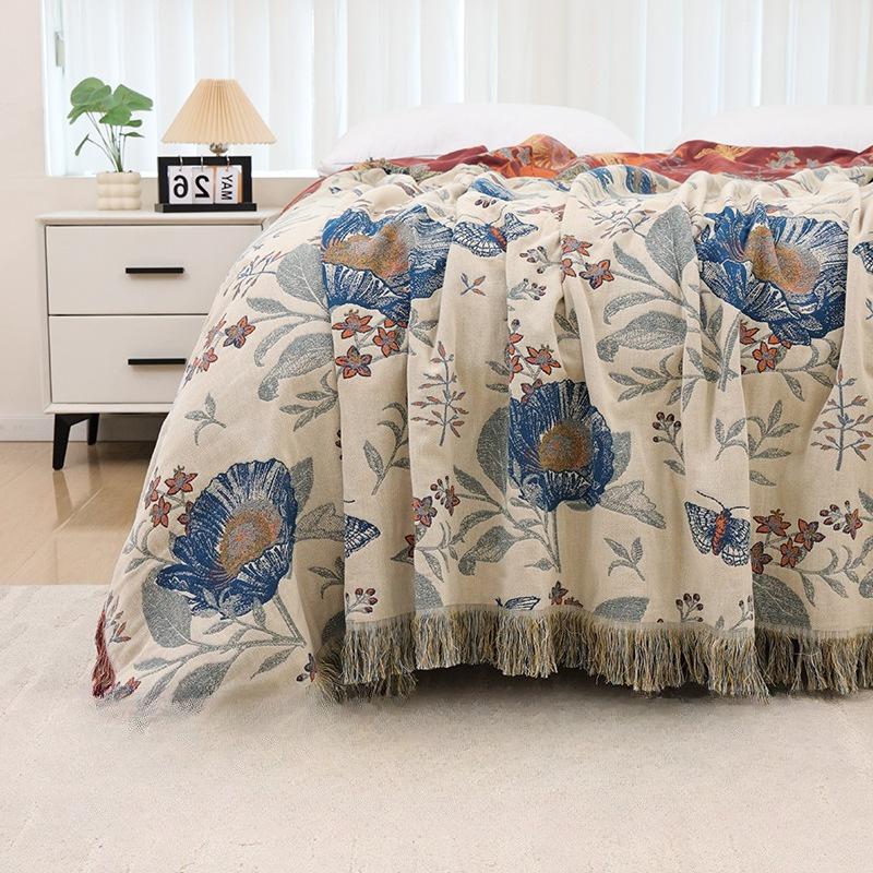 Floral Pattern Cotton Gauze Throw Blanket Towel Quilt Cover Blanket Summer Nap Thin Blanket Adult Air Conditioning Cool Quilt For Home