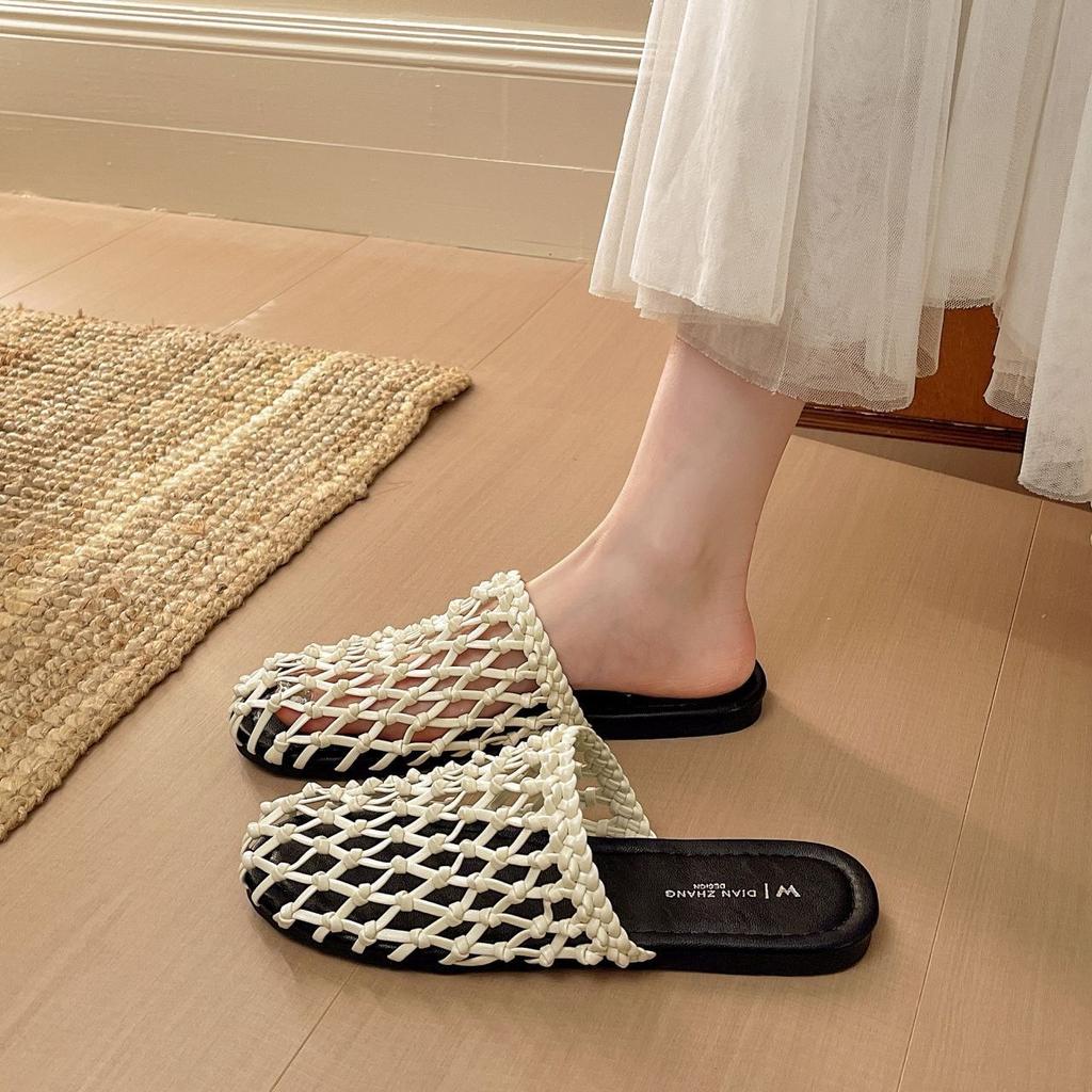 Woven Hollow Cool Slippers Women'S Summer Wear Super Fire Fashion Fishing Net Shoes Bag Head Half Slippers
