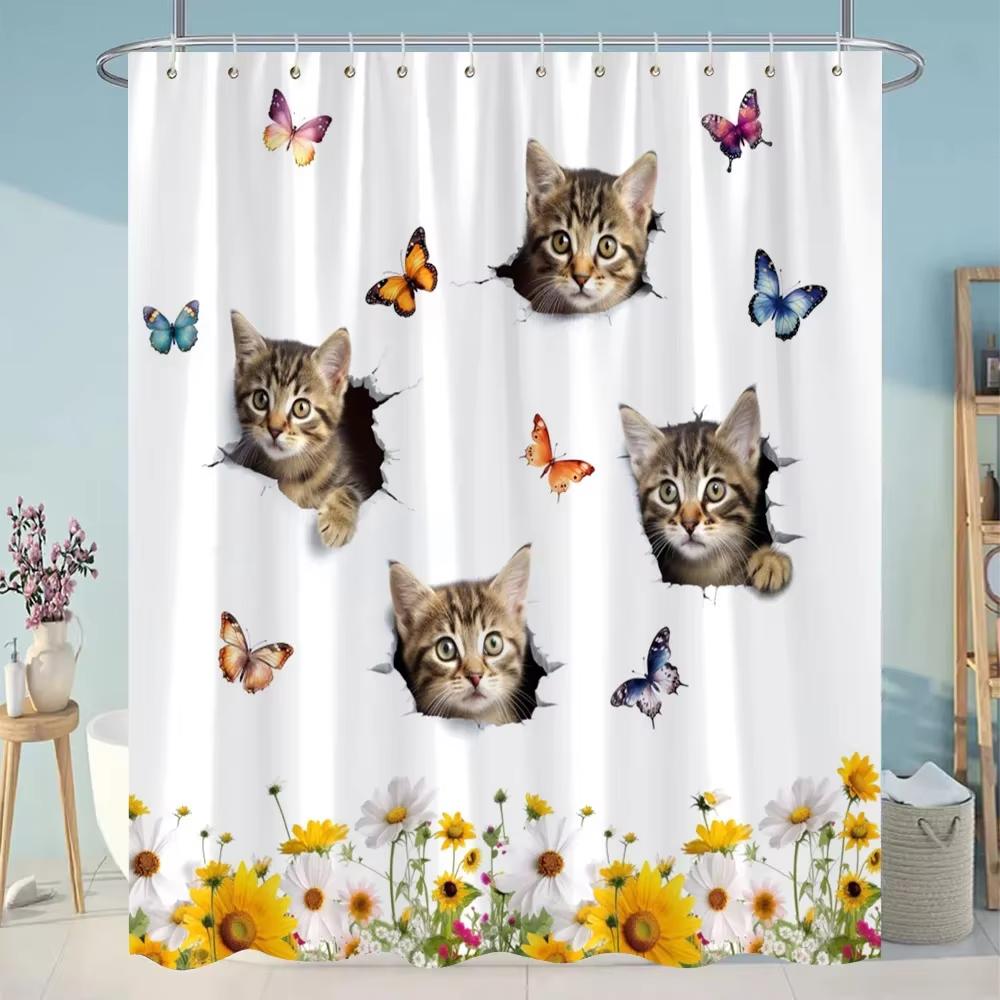 Cartoon Cat Shower Curtain, Bathroom Decorative Flowers Shower Curtains, Home Printed Polyester Fabric Curtain with Hooks