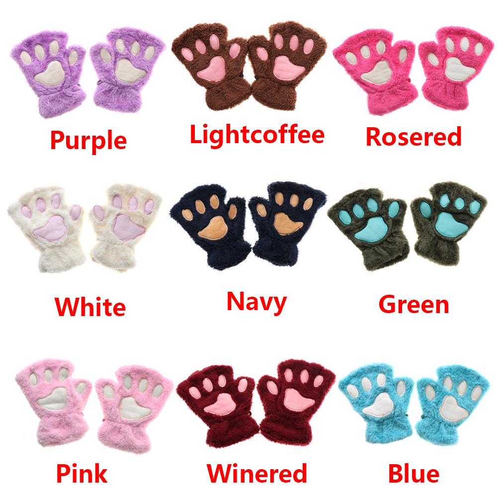 14Colors Girl Winter Warm Fluffy Plush Gloves Fingerless Bear Cat Paw