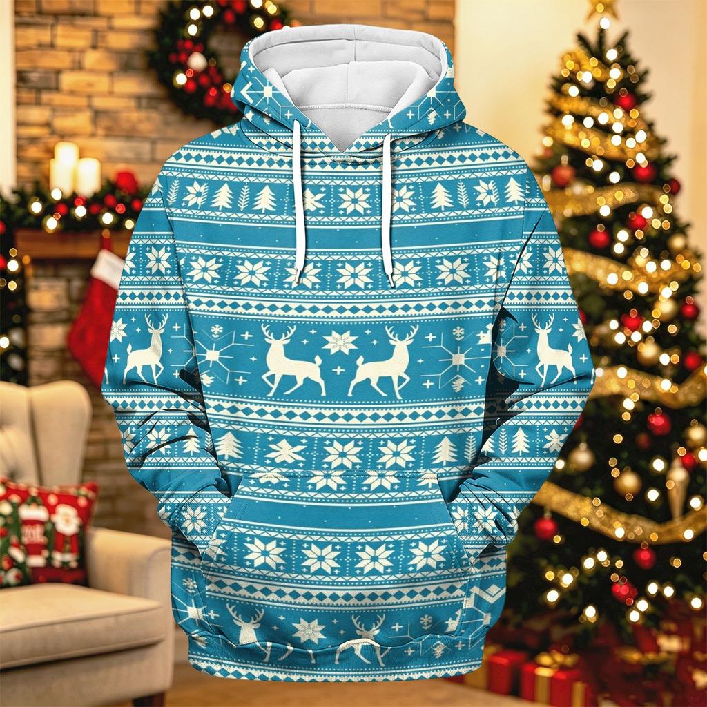 Men's Long Sleeve Christmas Print Pullover Hoodie for Holiday Party and Everyday Wear