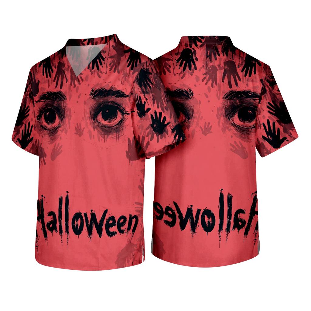 Men's V Neck Short Sleeve Halloween Print Medical Scrub Top with Chest Pocket and Two Front Pockets Suitable for Healthcare Professionals