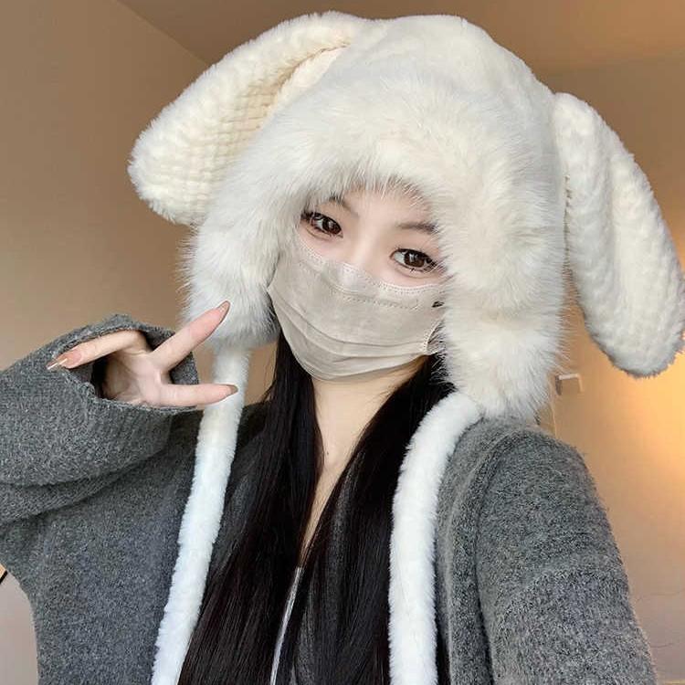 Winter Hat Women's Furry Cute Rabbit Ears Lei Feng Hat Warm Ear Protection Hat Head Cold Hat Thickened Pullover Hat
