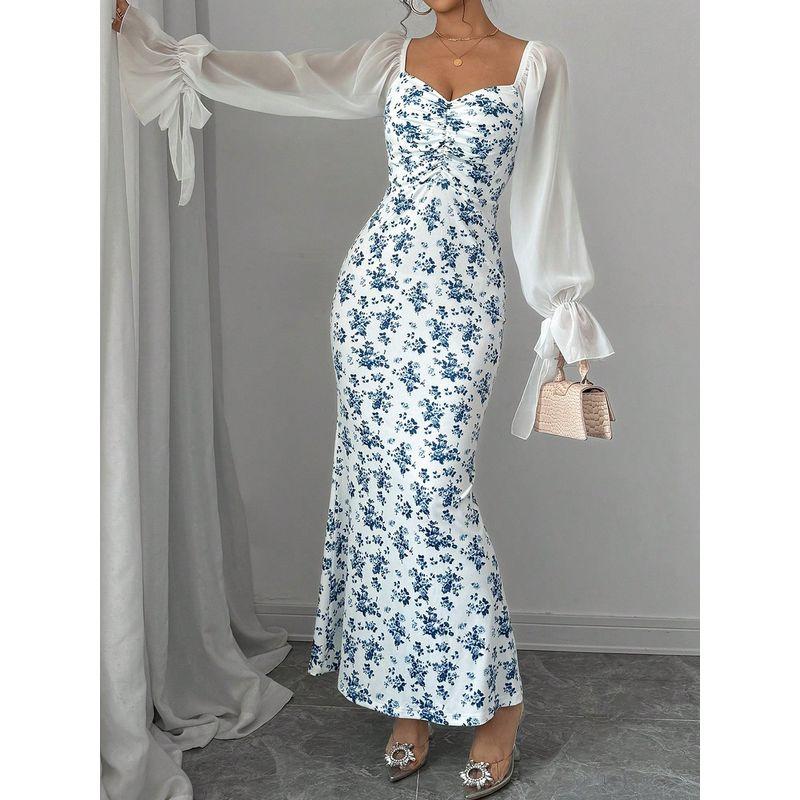 

Printed Hip Bag Long Skirt Long sleeve V-neck Dress Chiffon Stitching Print Sheath Long dress White 2XL