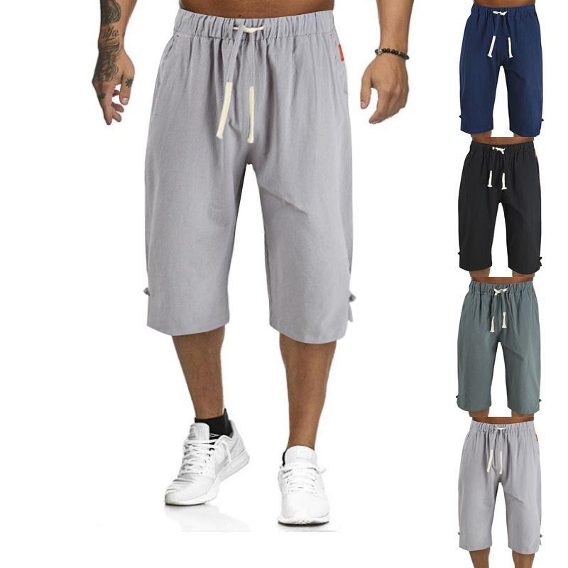 Summer Men's Casual Solid Color Shorts, Cotton and Linen Lace Up Leg Buckle Men's Pants