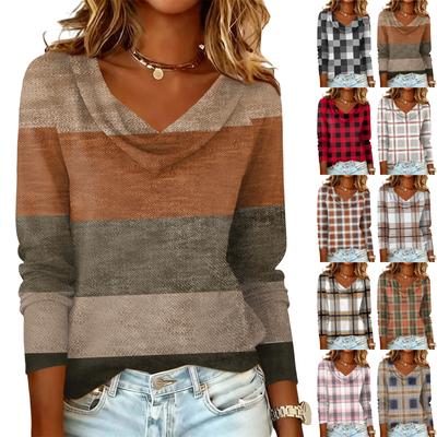Ladies' Plaid Printed Casual and Fashionable Long Sleeved Pullover Top