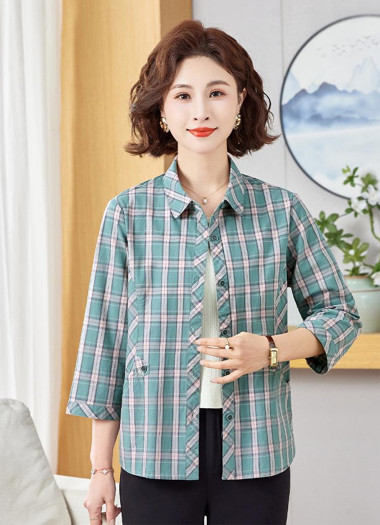 

2026 Mid-Sleeve Plaid Shirt for Middle-Aged Women - Loose Fit, Pure Cotton 3XL (for 130-145 jin) зелёный