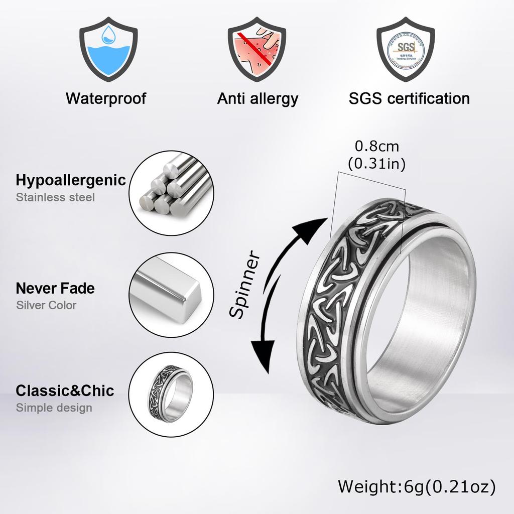 Vintage Celtic Knot Rune Rings for Men, Silver Color Stainless Steel Rotating Ring, Punk Fashion Finger Jewelry Gifts