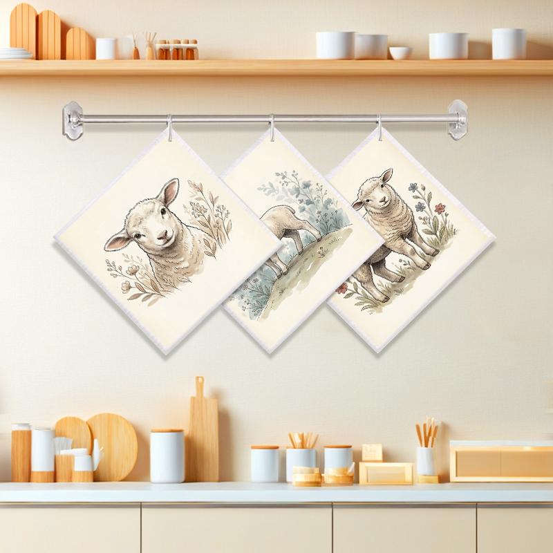 6PCS Kitchen Dishcloths Reusable Cleaning Dish Towels Absorbent Lint Free Cloth Washable Duster Rags Tea Towels Sheep Pattern Dishcloth
