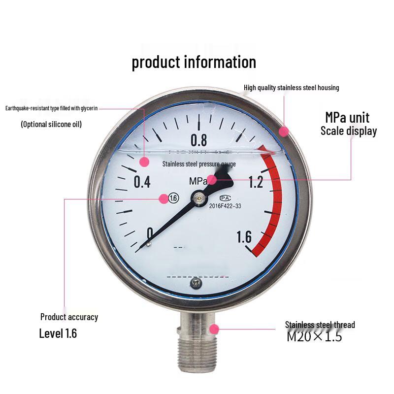 Shuang'an 304 Stainless Steel Shock-Resistant Pressure Gauge