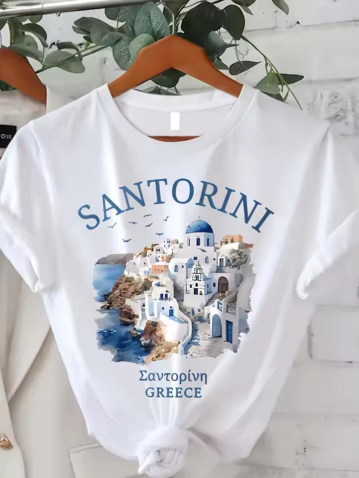 Vibrant Santorini Graphic Print Crew Neck T-Shirt Breathable Short Sleeve Casual Summer and Spring - Women's Fashion Clothing