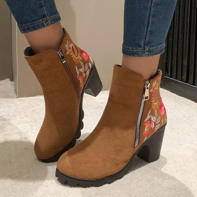 Ladies Shoes 2024 Hot Sale Side Zipper Women's Boots Winter Suede Round Toe Mixed Colors Short Barrel Chunky Heel Fashion Boots