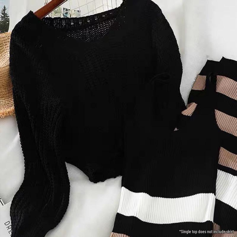 2025 Autumn/Winter Korean Retro Hyuna Two-Piece: V-Neck Sweater + Striped Skirt Dress