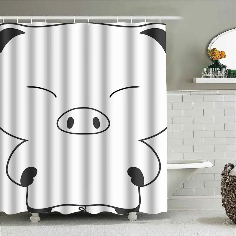 Adorable Black White Pig Design Shower Curtain Waterproof Fabric For Bathroom Decoration 72X84In