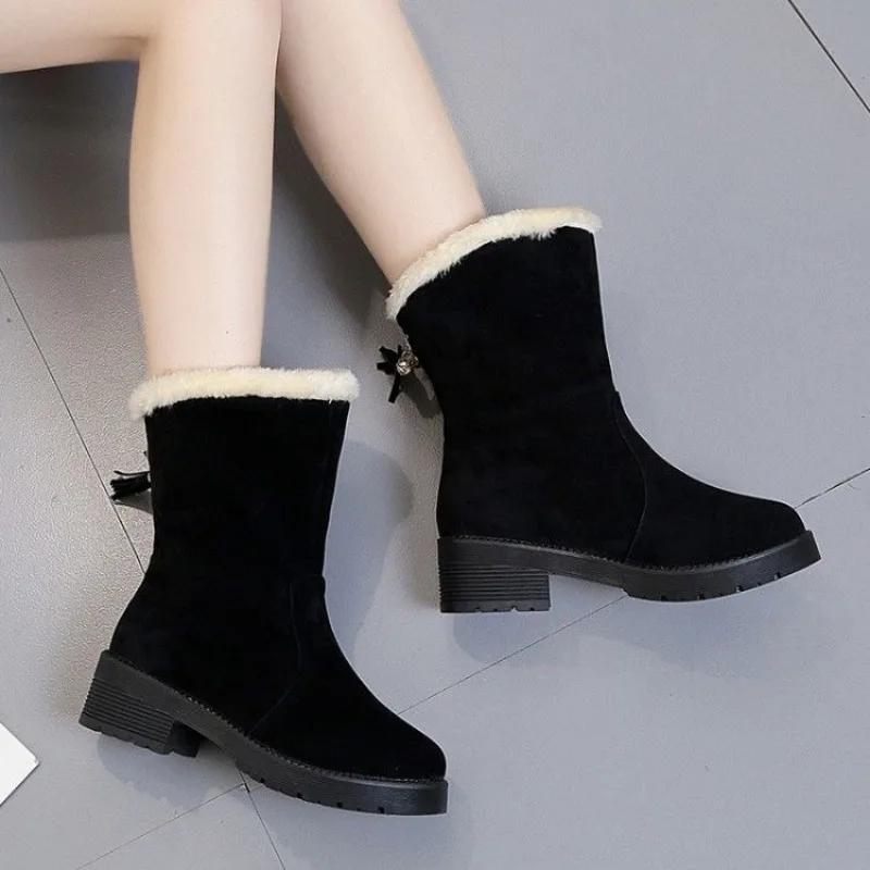 Fashion Elegant With Low Heels Mid Calf Half High Plus Warm Snow Boots for Women Fashion No Slipery New Rock on Slip Chic Pu Woman Shoes