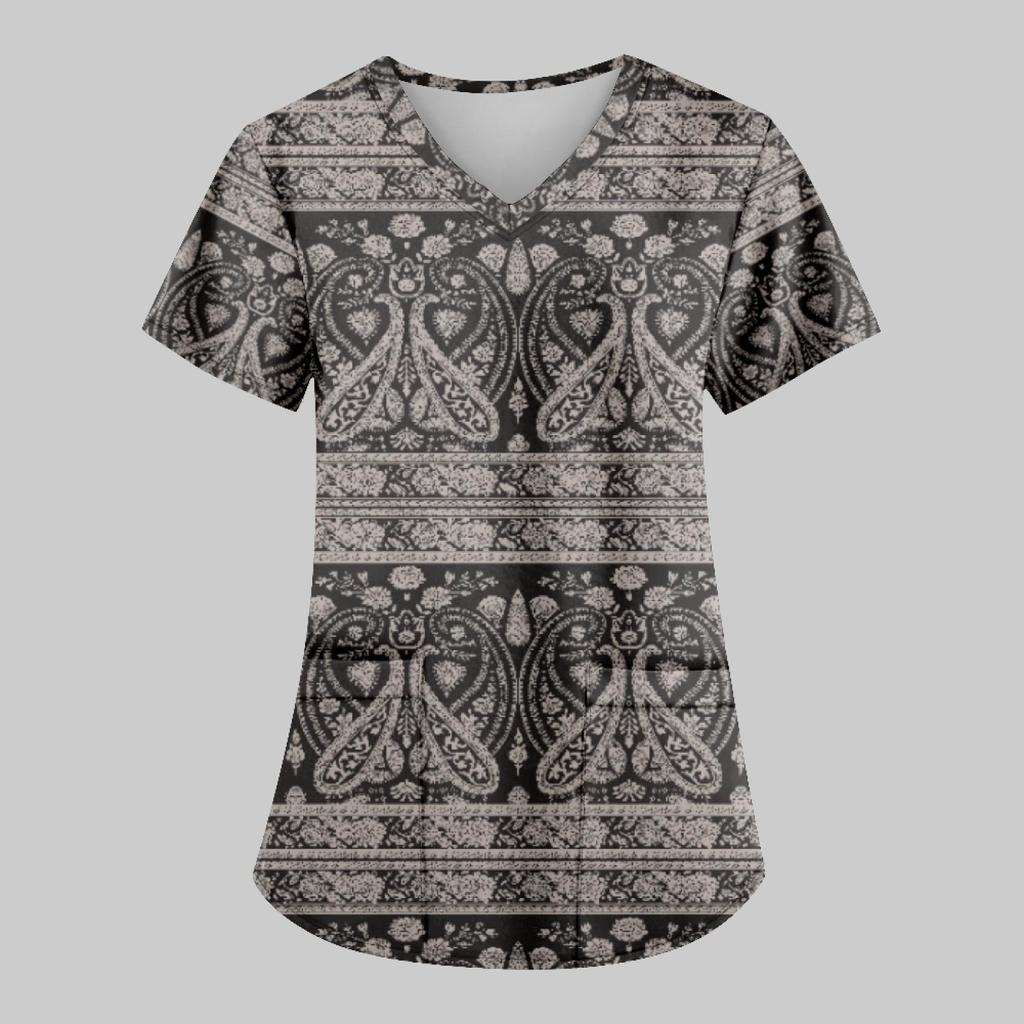 Modische bedruckte Damen-Arbeitsuniform mit Taschen-T-Shirt, kurzärmeliges Oberteil