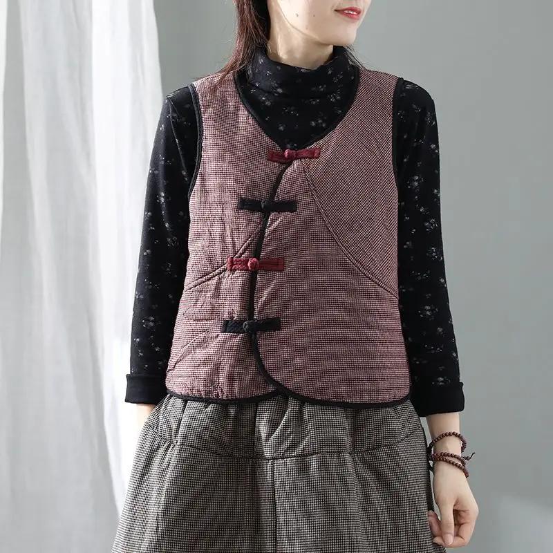 Women's Autumn Winter Chinese Style Frog Button Plaid Vest Retro Loose Sleeveless Waistcoat