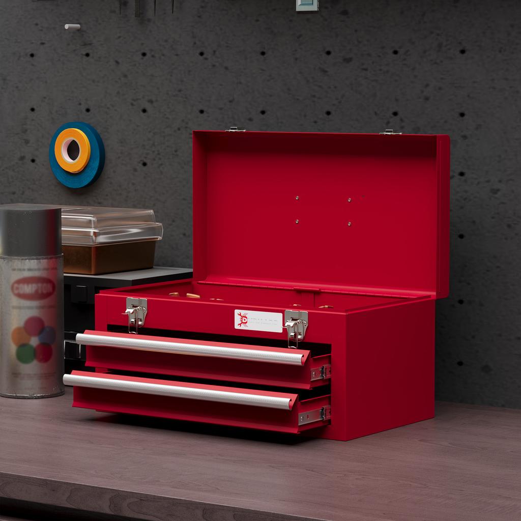 Lockable Metal Tool Box, 2 Drawer Tool Chest with Latches, Handle, Ball Bearing Runners, Red