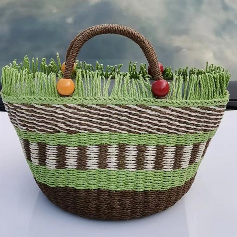 2023 Handmade Woven Straw Bucket Bag: Cute Picnic Basket with Tassel and Wood Bead Decoration