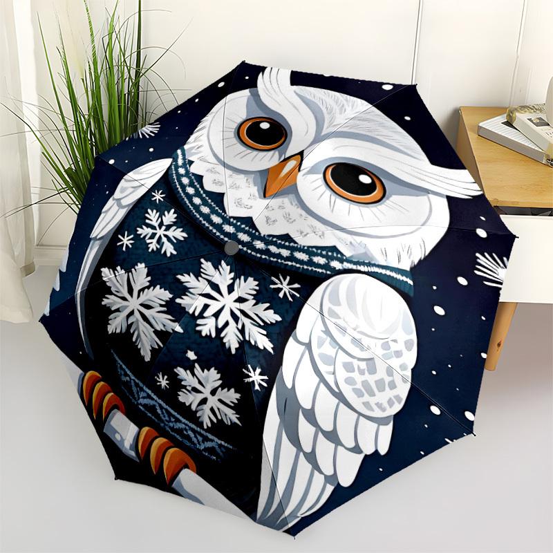 1pcOwl Winter Snowflake Automatic Folding Umbrella with 8 Bones, Portable 3-Fold Collapsible Compact Design On-the-Go Essential, Casual Outd