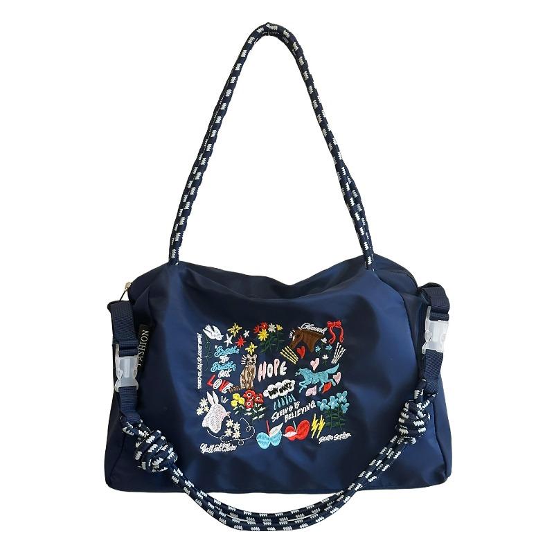 Japanese Fashion Embroidered Nylon Shopping Bag Versatile Large Capacity Canvas Messenger Bag Foreign Style Leisure Commuter Handbag