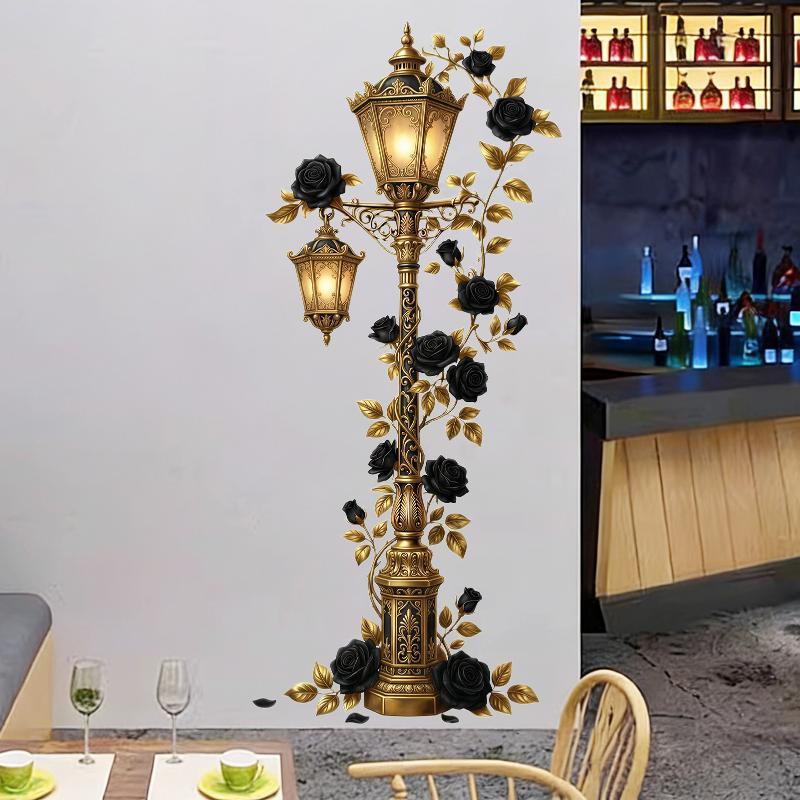 Vintage Street Lamp Wall Decal Red Rose Vine Self Adhesive For Living Room Bedroom Home Wall Decor