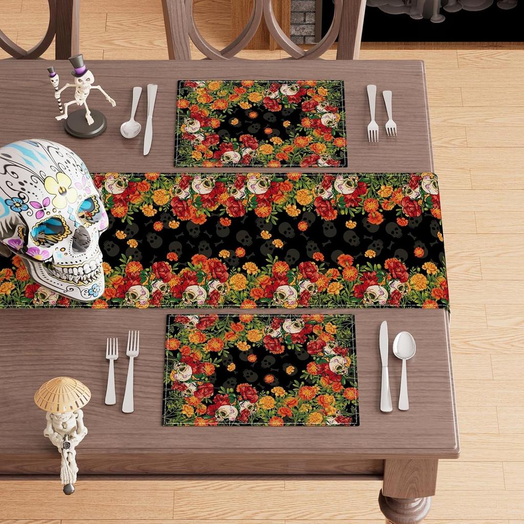 Sugar Skull Marigolds Floral Dia De Los Muertos Day of The Dead Mexican Placemats Set of 4 Table Mats for Kitchen Dining Table Decorations 12x18 Inch