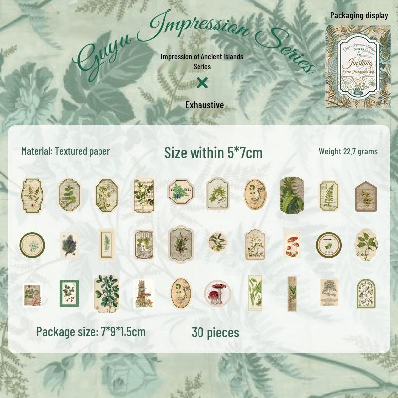 

Yuxian Linen Texture Hang Tag Set: Ancient Isle Impression Series - 30 Sheets, 4 Floral Styles