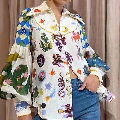 Spring New Women's Clothing, European Beautiful Women's Shirt, Lantern Sleeve Lapel Printed Shirt Top Women