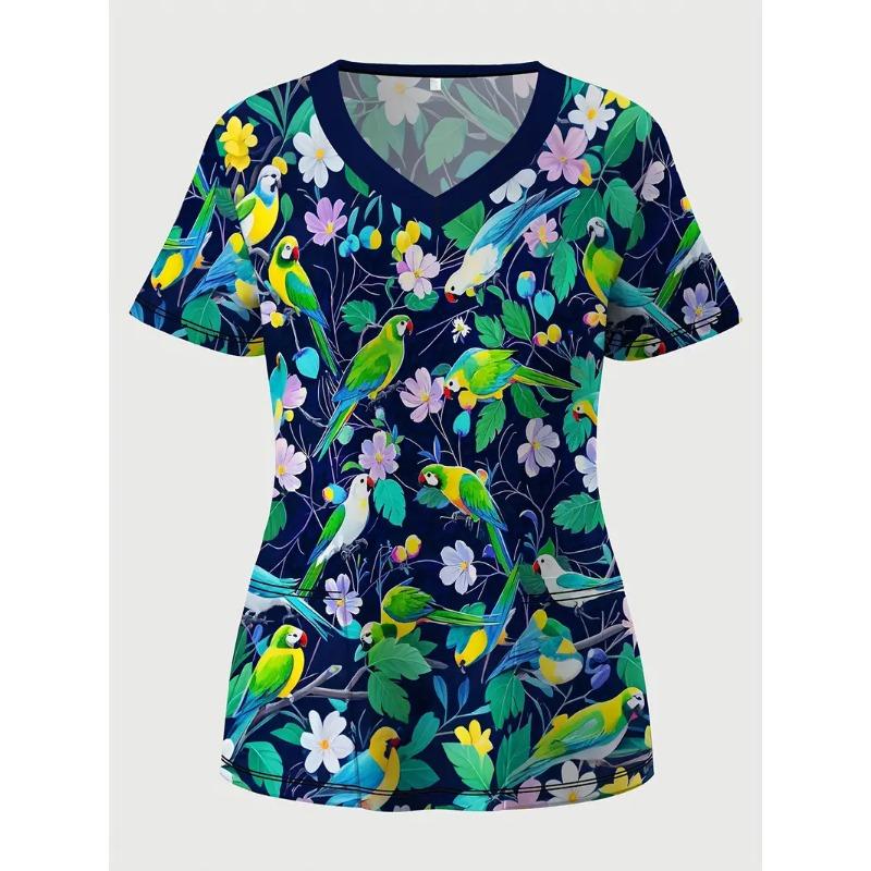3D V-Neck T-Shirt Breathable Casual Sporty Short Sleeve Top For Women Full Print Fashion Pink Flowers
