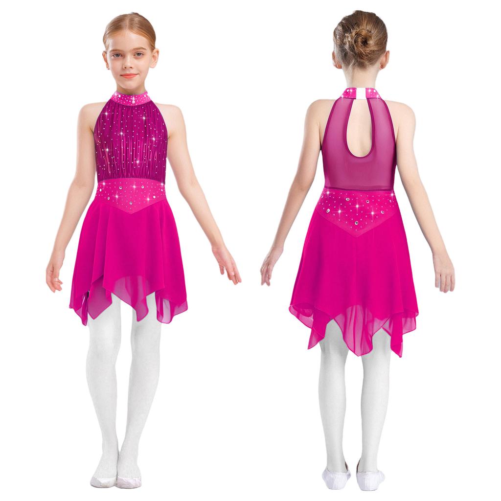 Kids Girls Ice Skating Performance Dress: Sleeveless Keyhole Back Rhinestone Metallic Mesh Bodice with Irregular Chiffon Hem for Competition