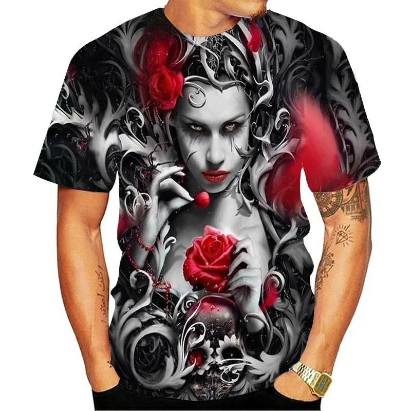 Summer Round Neck 3D Skull Beauty Pattern Print Top Fashionable Casual Short Sleeved Men's T-shirts