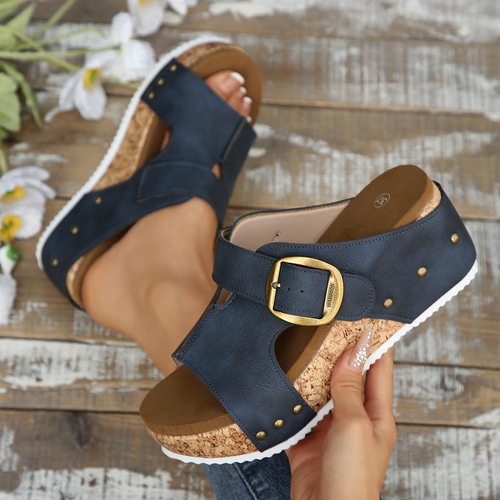 Foreign Trade Large Size Thick Bottom Slope Heel Single Buckle Slippers Summer New Buckle with Beach Open Toe Women's Cool Slippers