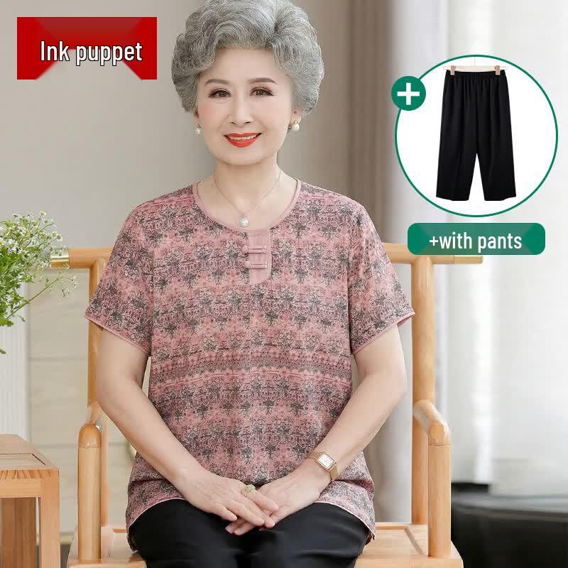 Elderly Women's Floral Cotton Short Sleeve Top