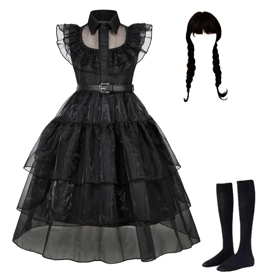 Abito da sera in rete da ragazza per cosplay della Famiglia Addams di Mercoledì con accessori (Taglia unica)