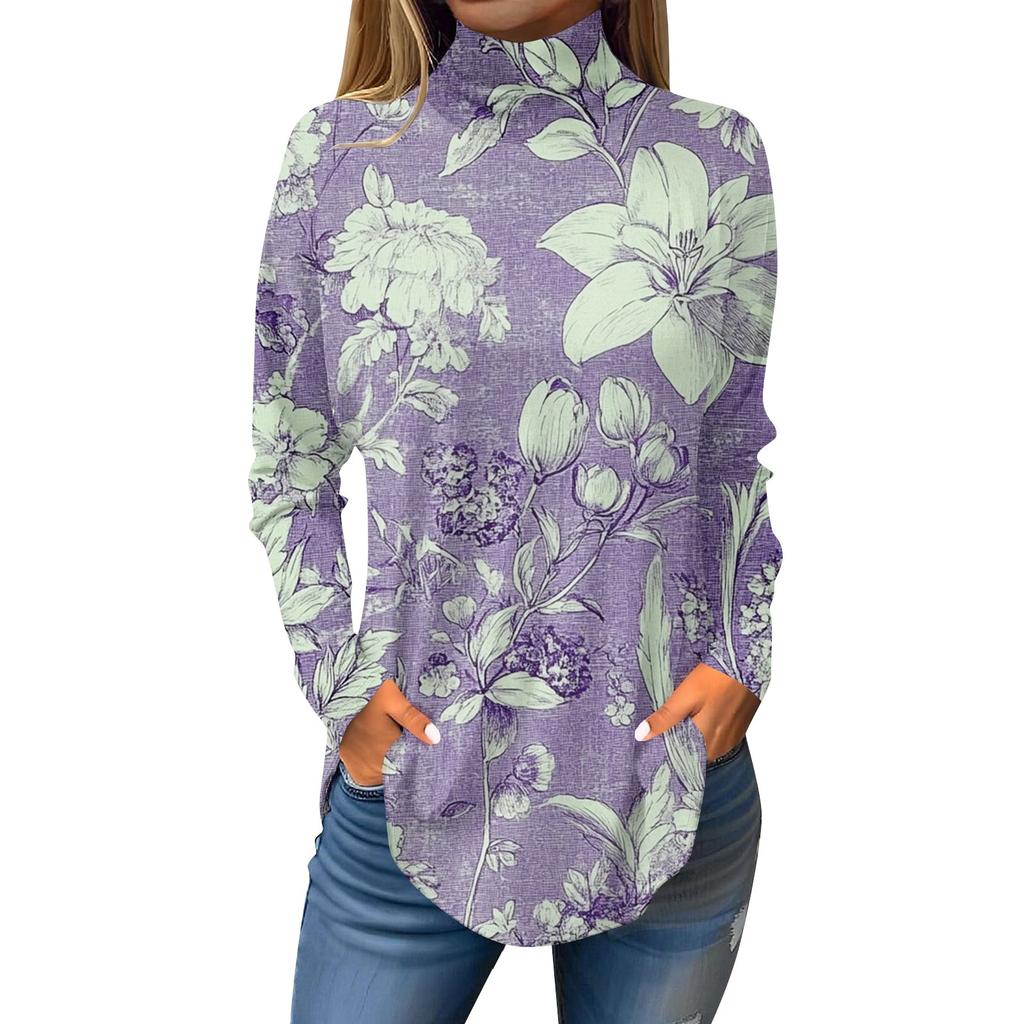 Tee Shirts For Women Fall Casual Long Sleeve Shirts Sweatshirt Vintage Printed High Neck Top Pullover