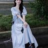French Blue V-Neck Puff Sleeve Tea Break Dress - Women's Summer Slimming Lace-Up Waist Elegant Skirt