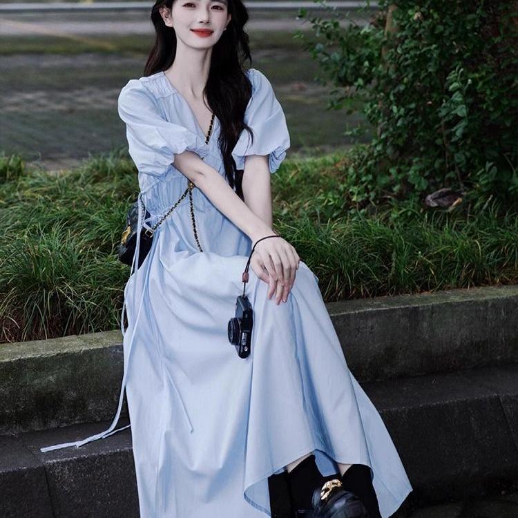 French Blue V-Neck Puff Sleeve Tea Break Dress - Women's Summer Slimming Lace-Up Waist Elegant Skirt