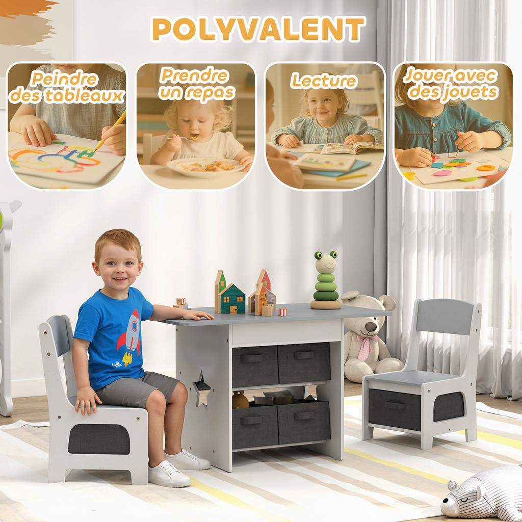 Kids Table and Chair Set, Toddler Table and 2 Chairs Set with 6 Removable Drawers, for Boys Girls Ages 3-8, Light Grey